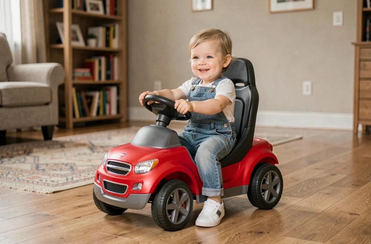 Jeune enfant en salopette conduisant une voiture jouet évolutive rouge dans un salon familial chaleureux