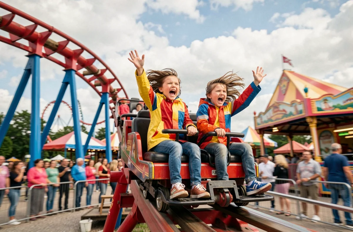 Enfants criant d'excitation sur un grand huit à Walibi Rhône-Alpes, parc d'attractions en Isère