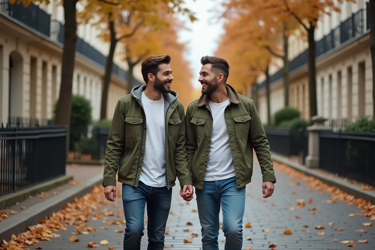 Deux amis marchant et riant dans une rue parisienne bordée d'arbres en automne