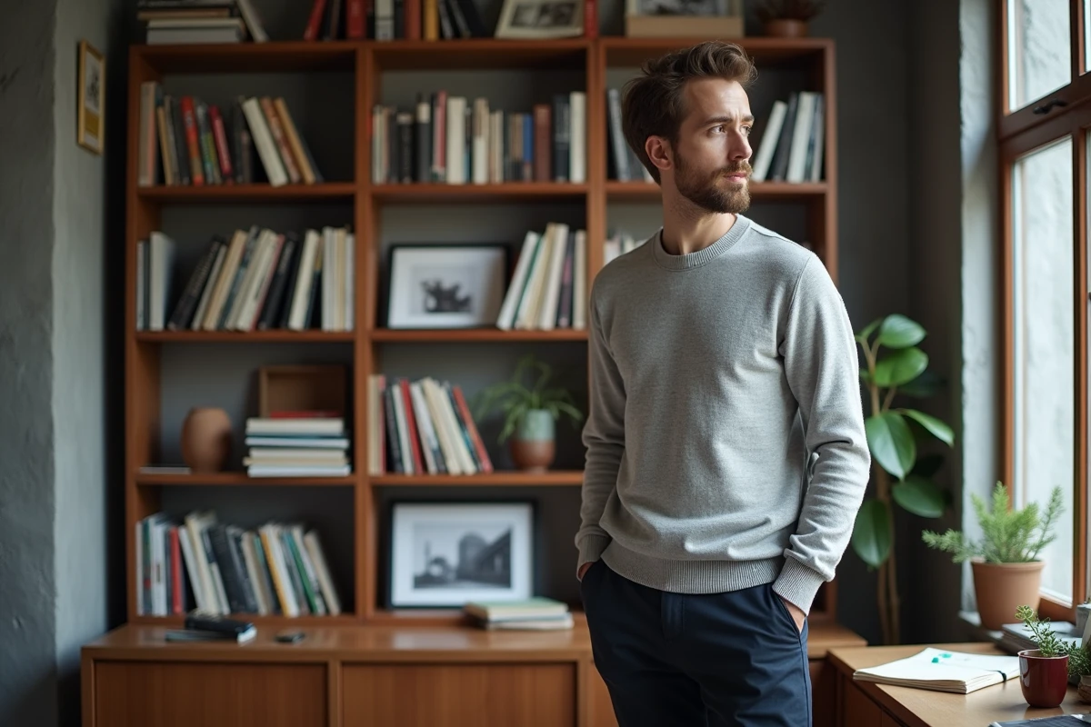 Homme pensif dans un bureau à domicile moderne devant une bibliothèque remplie de livres personnels