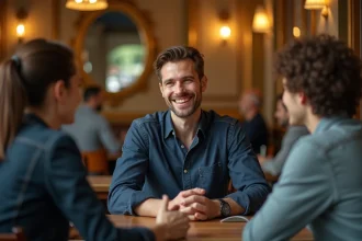 Homme en chemise bleue en conversation avec un collaborateur dans un café parisien chaleureux